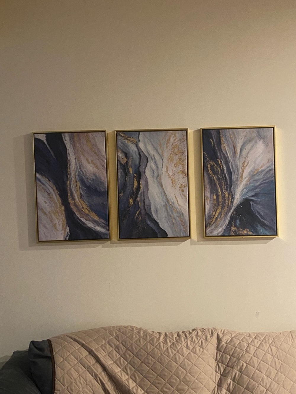 Abstract Triptych Wall Art in Navy, Gold and Cream